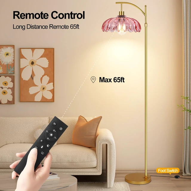 Alt view image 4 of 7 - Floor Lamp for Living Room,Bedroom,Gold Dimmable Standing Lamp with Remote,Mid Century Modern Brass Tall Lamp Retro Vintage Pink Glass Lamp Floor Light Boho Bohemian