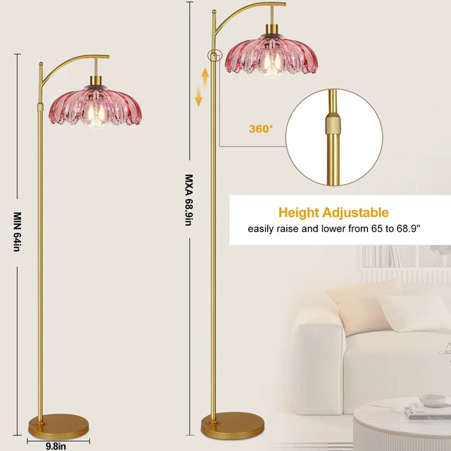 Alt view image 5 of 7 - Floor Lamp for Living Room,Bedroom,Gold Dimmable Standing Lamp with Remote,Mid Century Modern Brass Tall Lamp Retro Vintage Pink Glass Lamp Floor Light Boho Bohemian