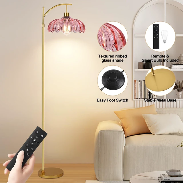 Alt view image 6 of 7 - Pink Floor Lamp for Living Room,Bedroom,Gold Dimmable Standing Lamp with Remote,Mid Century Modern Brass Tall Lamp Boho Floor Lamps Arc Stained Glass Flower Floor Light Lamp Girls kids Bohemian