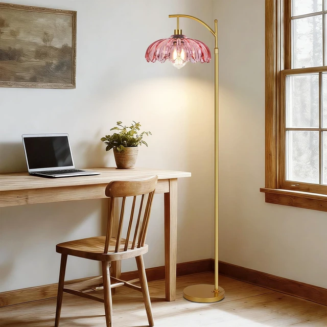 Alt view image 6 of 7 - Floor Lamp for Living Room,Bedroom,Gold Dimmable Standing Lamp with Remote,Mid Century Modern Brass Tall Lamp Retro Vintage Pink Glass Lamp Floor Light Boho Bohemian