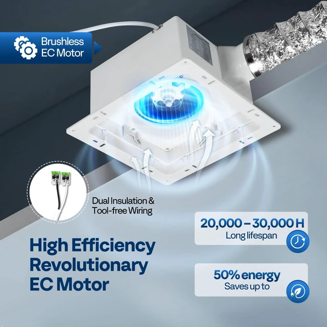 Alt view image 3 of 7 - EC Motor Bathroom Exhaust Fan with Humidity Sensor (160-110-50CFM Energy-Saving AutoFlow,10.2-inch Ceiling Retrofit Bath Fan, No Attic Access Needed