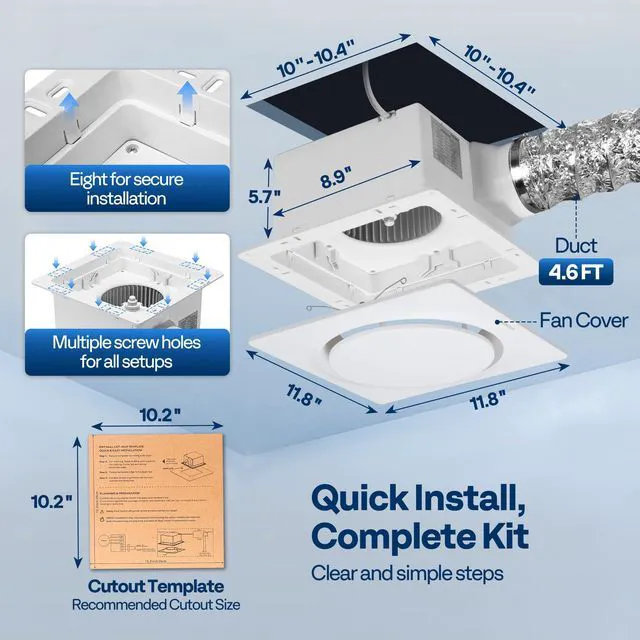 Alt view image 6 of 7 - EC Motor Bathroom Exhaust Fan with Humidity Sensor (160-110-50CFM Energy-Saving AutoFlow,10.2-inch Ceiling Retrofit Bath Fan, No Attic Access Needed