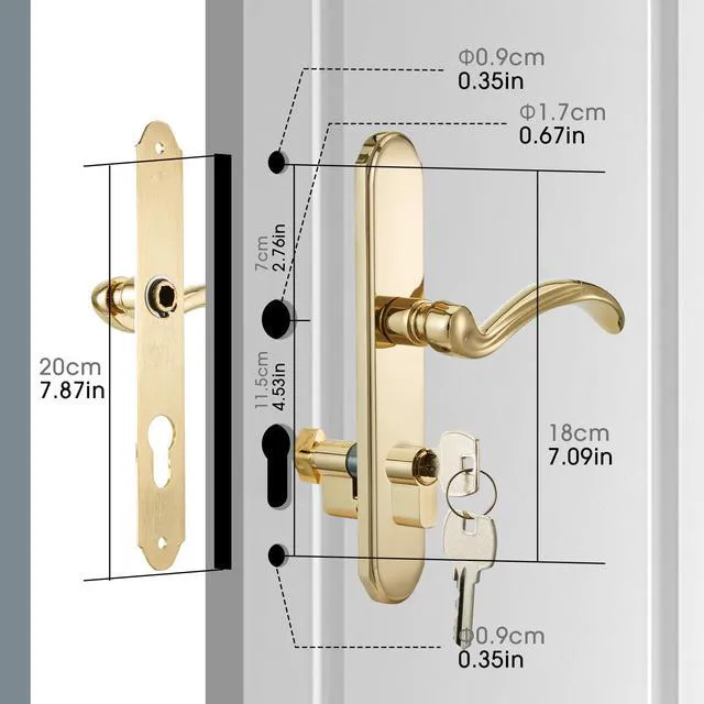 Alt view image 6 of 7 - Storm Door Handle Accessory Set fit Pella Storm Door Handle Replacement Part, with Key and Lock Cylinder, Mortise Lock Not Included (Polished Gold)