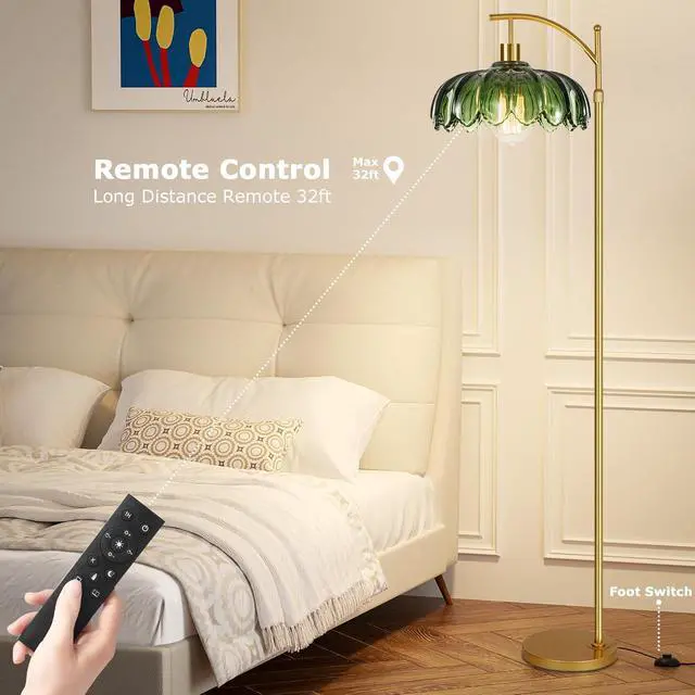 Alt view image 4 of 7 - Gold Floor Lamp for Living Room,Bedroom,Mid Century Modern Standing Lamp with Remote,Dimmable Brass Tall Lamp Green Glass Lamp Vintage Retro Arc Floor Lamps Flower Floor Light Boho Bohemian