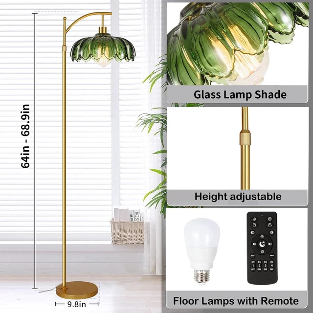 Alt view image 5 of 7 - Gold Floor Lamp for Living Room,Bedroom,Mid Century Modern Standing Lamp with Remote,Dimmable Brass Tall Lamp Green Glass Lamp Vintage Retro Arc Floor Lamps Flower Floor Light Boho Bohemian
