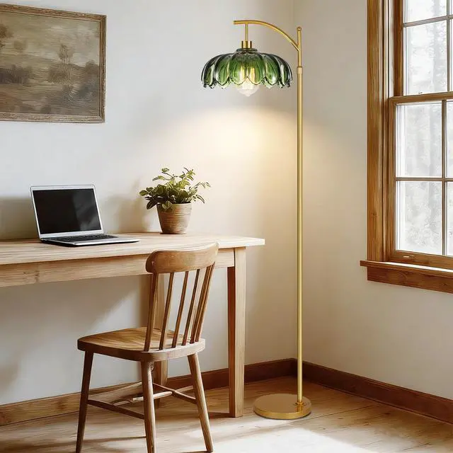 Alt view image 6 of 7 - Gold Floor Lamp for Living Room,Bedroom,Mid Century Modern Standing Lamp with Remote,Dimmable Brass Tall Lamp Green Glass Lamp Vintage Retro Arc Floor Lamps Flower Floor Light Boho Bohemian
