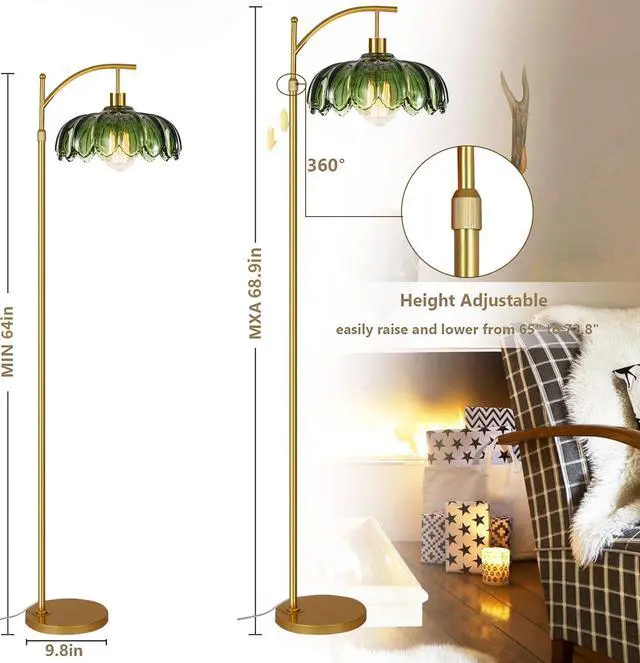 Alt view image 7 of 7 - Gold Floor Lamp for Living Room,Bedroom,Mid Century Modern Standing Lamp with Remote,Dimmable Brass Tall Lamp Green Glass Lamp Vintage Retro Arc Floor Lamps Flower Floor Light Boho Bohemian