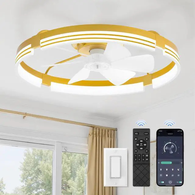 Main image of Low Profile Ceiling Fans with Lights and Remote, 24" Gold 3000K-6000K Dimmable Fandelier LED, Flush Mount, 6 Wind Speeds, Reversible, Timer, Bedroom, Living Room, Kitchen, Kids Room