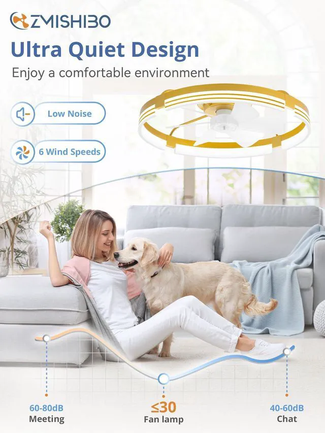 Alt view image 4 of 7 - Low Profile Ceiling Fans with Lights and Remote, 24" Gold 3000K-6000K Dimmable Fandelier LED, Flush Mount, 6 Wind Speeds, Reversible, Timer, Bedroom, Living Room, Kitchen, Kids Room