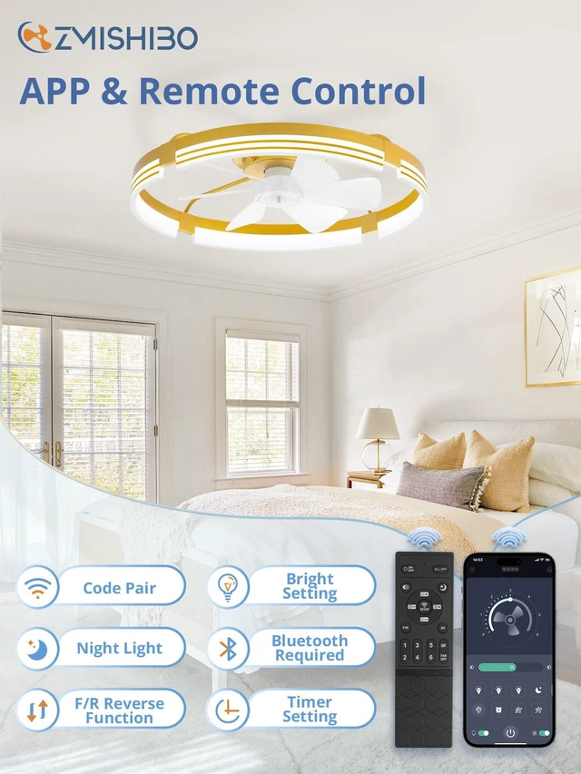 Alt view image 5 of 7 - Low Profile Ceiling Fans with Lights and Remote, 24" Gold 3000K-6000K Dimmable Fandelier LED, Flush Mount, 6 Wind Speeds, Reversible, Timer, Bedroom, Living Room, Kitchen, Kids Room