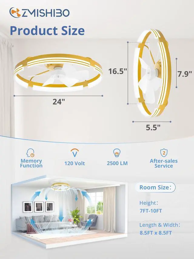 Alt view image 6 of 7 - Low Profile Ceiling Fans with Lights and Remote, 24" Gold 3000K-6000K Dimmable Fandelier LED, Flush Mount, 6 Wind Speeds, Reversible, Timer, Bedroom, Living Room, Kitchen, Kids Room