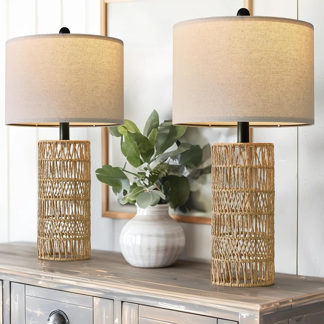 Main image of 22.5" Boho Table Lamps Set of 2 for Living Room, Bedside Lamp for Nightstands, Rattan Lamp for Bedroom, Farmhouse Table Lamp for Room Decor, End Table, Retro, BrownNot Include Bulbs