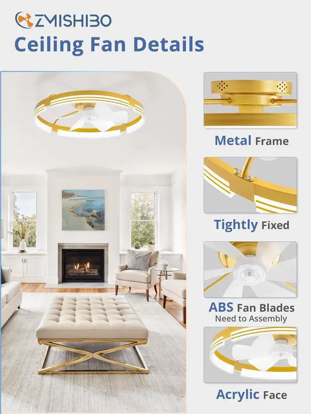 Alt view image 7 of 7 - Low Profile Ceiling Fans with Lights and Remote, 24" Gold 3000K-6000K Dimmable Fandelier LED, Flush Mount, 6 Wind Speeds, Reversible, Timer, Bedroom, Living Room, Kitchen, Kids Room