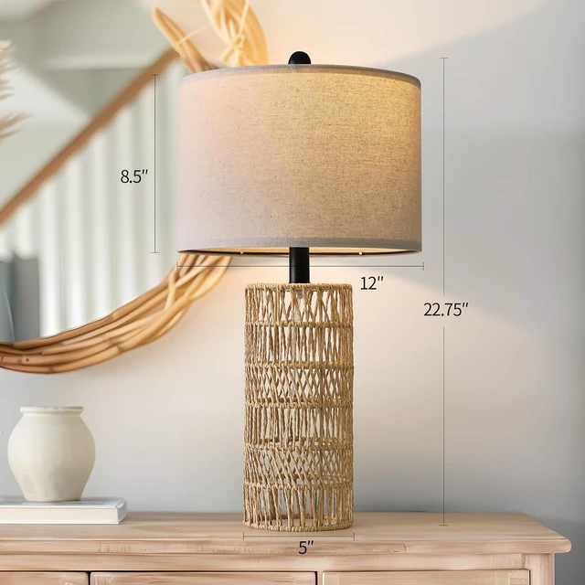 Alt view image 3 of 7 - 22.5" Boho Table Lamps Set of 2 for Living Room, Bedside Lamp for Nightstands, Rattan Lamp for Bedroom, Farmhouse Table Lamp for Room Decor, End Table, Retro, BrownNot Include Bulbs