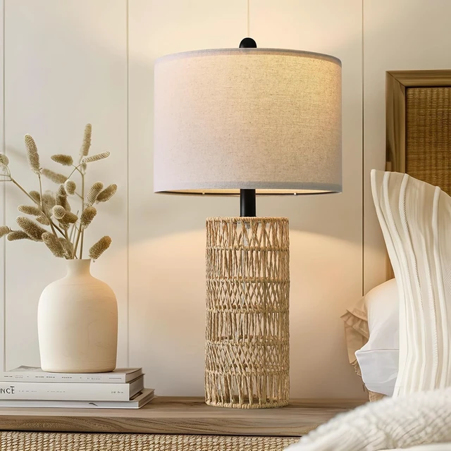 Alt view image 5 of 7 - 22.5" Boho Table Lamps Set of 2 for Living Room, Bedside Lamp for Nightstands, Rattan Lamp for Bedroom, Farmhouse Table Lamp for Room Decor, End Table, Retro, BrownNot Include Bulbs