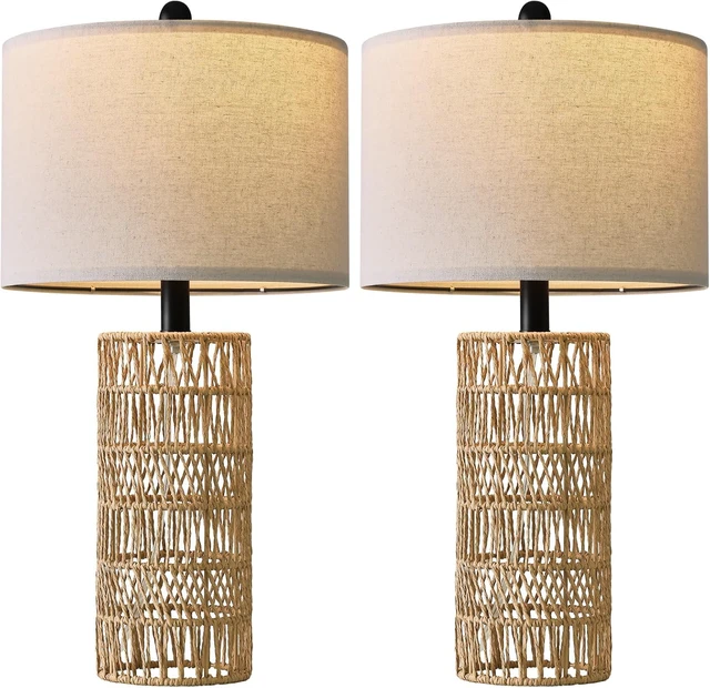 Alt view image 7 of 7 - 22.5" Boho Table Lamps Set of 2 for Living Room, Bedside Lamp for Nightstands, Rattan Lamp for Bedroom, Farmhouse Table Lamp for Room Decor, End Table, Retro, BrownNot Include Bulbs