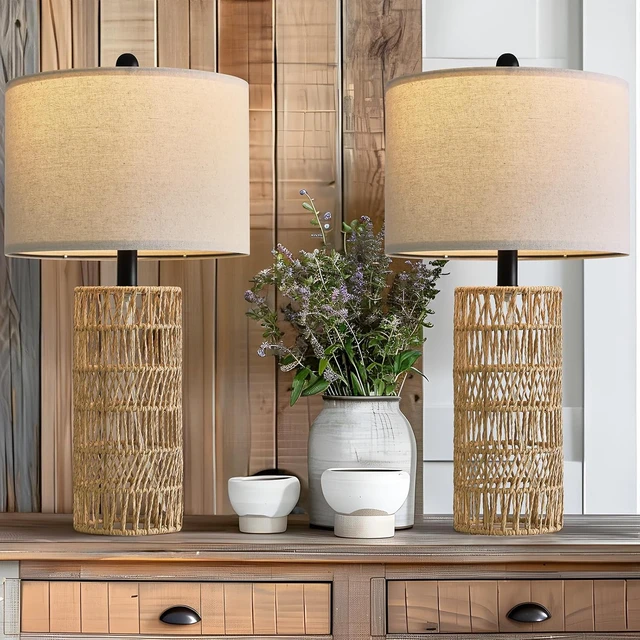 Alt view image 4 of 7 - 22.5" Boho Table Lamps Set of 2 for Living Room, Bedside Lamp for Nightstands, Rattan Lamp for Bedroom, Farmhouse Table Lamp for Room Decor, End Table, Retro, BrownNot Include Bulbs