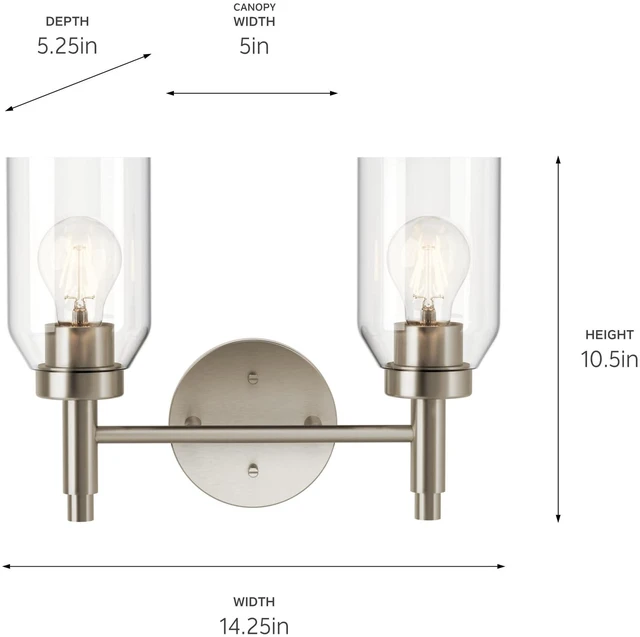 Alt view image 6 of 6 - Madden 2-Light Bathroom Vanity Light, Brushed Nickel Modern vanity light with clear glass for single or double bathroom mirrors (14.25" x 10.5"), 55184NI