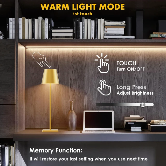 Alt view image 2 of 7 - Gold Cordless Table Lamp, 5000mAh Portable LED Rechargeable Lamp 2-Pack, Battery Operated, RGB Stepless Dimming, IP54 Waterproof, Modern Table Light, for Outdoor/Restaurant/Dinner/Bedroom