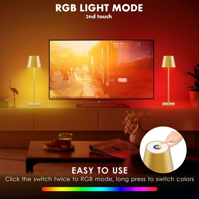 Alt view image 3 of 7 - Gold Cordless Table Lamp, 5000mAh Portable LED Rechargeable Lamp 2-Pack, Battery Operated, RGB Stepless Dimming, IP54 Waterproof, Modern Table Light, for Outdoor/Restaurant/Dinner/Bedroom