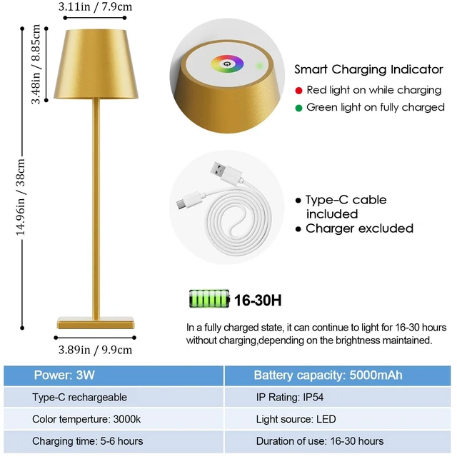 Alt view image 7 of 7 - Gold Cordless Table Lamp, 5000mAh Portable LED Rechargeable Lamp 2-Pack, Battery Operated, RGB Stepless Dimming, IP54 Waterproof, Modern Table Light, for Outdoor/Restaurant/Dinner/Bedroom
