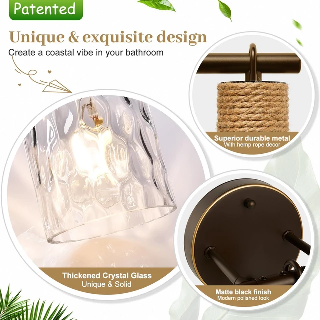 Alt view image 3 of 7 - Bathroom Light Fixtures, 5-Light Coastal Vanity Lights with Crystal Glass Shade, Oil-Rubbed Bronze Bathroom Wall Lamp for Mirror Kitchen Hallway Cabinet