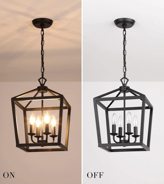 Alt view image 4 of 7 - Farmhouse Rustic Black Lantern Chandelier Hanging Light Fixture 4-Lights for Kitchen Island Dining Room Hallway Entryway Foyer UL Listed