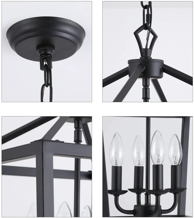 Alt view image 5 of 7 - Farmhouse Rustic Black Lantern Chandelier Hanging Light Fixture 4-Lights for Kitchen Island Dining Room Hallway Entryway Foyer UL Listed