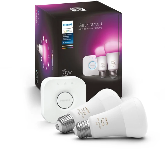 Main image of Smart Light Bulbs Starter Kit, Includes (1) Bridge, (2) 75W A19 Bulbs, White and Color Ambiance LED Color Changing Lights, 1100LM, E26, Control with App or Voice Assistant