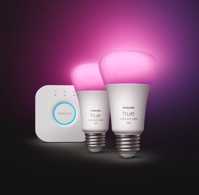 Alt view image 3 of 7 - Smart Light Bulbs Starter Kit, Includes (1) Bridge, (2) 75W A19 Bulbs, White and Color Ambiance LED Color Changing Lights, 1100LM, E26, Control with App or Voice Assistant