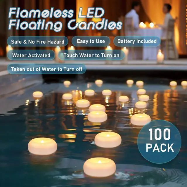 Alt view image 5 of 7 - 100 Pack 2 Inch Flameless LED Floating Candles, Battery Operated White Tealights with Realistic Flickering Flame, Waterproof for Cylinder Vases, Wedding Centerpieces, Pool, Party & Holiday Decor