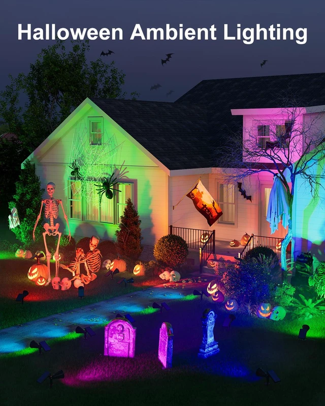 Alt view image 2 of 7 - 4 Pack Color Change Solar Spotlights Waterproof RGB Halloween Decor 8 Light Colors, Large Size Power Panel, 12 Hrs Lasting Working, Multicolor Illuminated Flag, Tree, Flower, Lawn, Garden, Yard