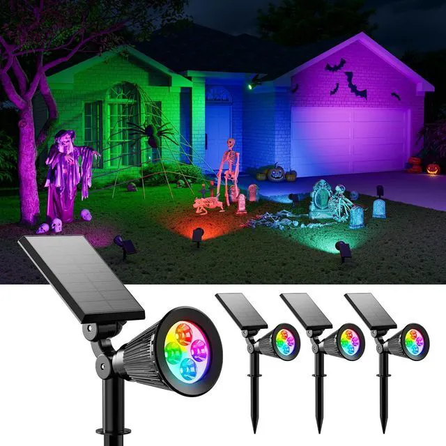 Main image of 4 Pack Color Change Solar Spotlights Waterproof RGB Halloween Decor 8 Light Colors, Large Size Power Panel, 12 Hrs Lasting Working, Multicolor Illuminated Flag, Tree, Flower, Lawn, Garden, Yard