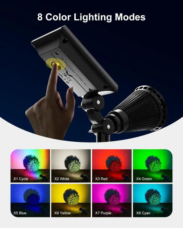 Alt view image 4 of 7 - 4 Pack Color Change Solar Spotlights Waterproof RGB Halloween Decor 8 Light Colors, Large Size Power Panel, 12 Hrs Lasting Working, Multicolor Illuminated Flag, Tree, Flower, Lawn, Garden, Yard