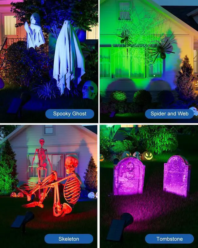 Alt view image 3 of 7 - 4 Pack Color Change Solar Spotlights Waterproof RGB Halloween Decor 8 Light Colors, Large Size Power Panel, 12 Hrs Lasting Working, Multicolor Illuminated Flag, Tree, Flower, Lawn, Garden, Yard