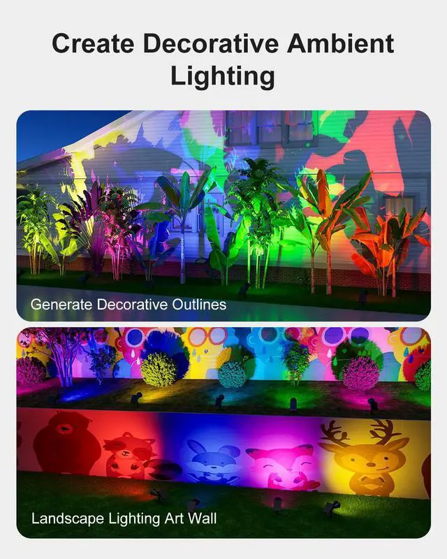 Alt view image 6 of 7 - 4 Pack Color Change Solar Spotlights Waterproof RGB Halloween Decor 8 Light Colors, Large Size Power Panel, 12 Hrs Lasting Working, Multicolor Illuminated Flag, Tree, Flower, Lawn, Garden, Yard