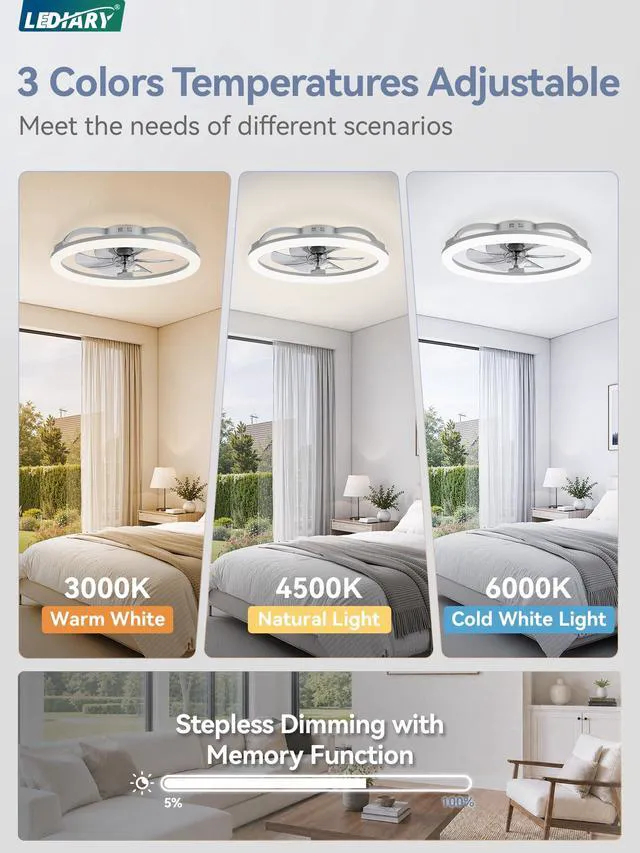 Alt view image 2 of 7 - 23" Ceiling Fans with Lights and Remote for Bedroom, Grey Low Profile Fan Light, 3000K-6000K Stepless Dimmable Fandelier, 6 Speed, Reversible DC Motor, APP & Remote Control, Low Noice
