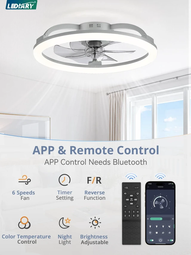 Alt view image 3 of 7 - 23" Ceiling Fans with Lights and Remote for Bedroom, Grey Low Profile Fan Light, 3000K-6000K Stepless Dimmable Fandelier, 6 Speed, Reversible DC Motor, APP & Remote Control, Low Noice