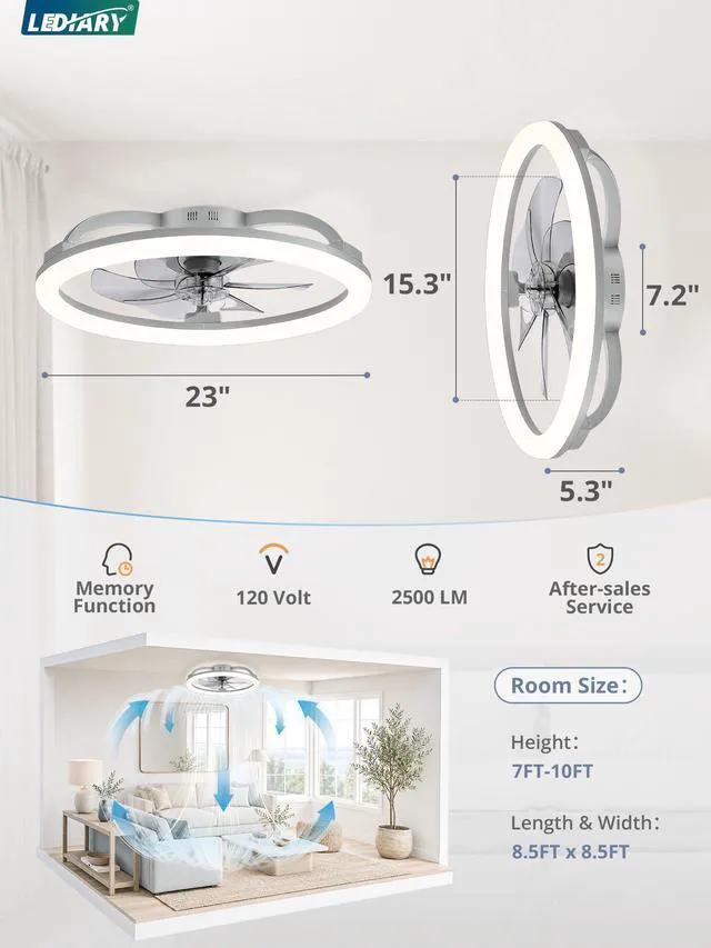 Alt view image 7 of 7 - 23" Ceiling Fans with Lights and Remote for Bedroom, Grey Low Profile Fan Light, 3000K-6000K Stepless Dimmable Fandelier, 6 Speed, Reversible DC Motor, APP & Remote Control, Low Noice