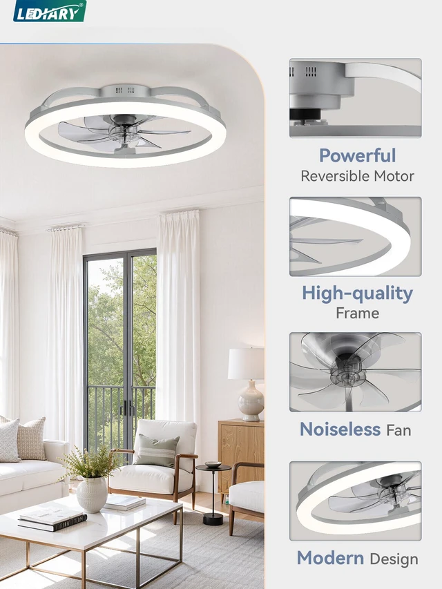 Alt view image 6 of 7 - 23" Ceiling Fans with Lights and Remote for Bedroom, Grey Low Profile Fan Light, 3000K-6000K Stepless Dimmable Fandelier, 6 Speed, Reversible DC Motor, APP & Remote Control, Low Noice