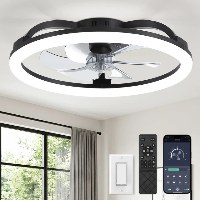 Main image of 23" Ceiling Fans with Lights and Remote for Bedroom, Black Low Profile Fan Light, 3000K-6000K Stepless Dimmable Fandelier, 6 Speed, Reversible DC Motor, APP & Remote Control, Low Noice