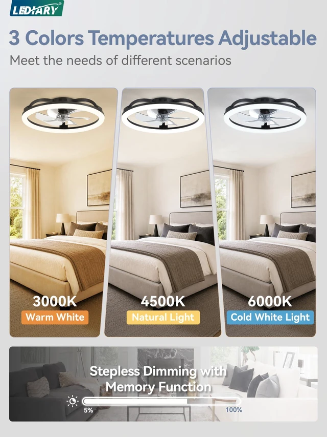 Alt view image 2 of 7 - 23" Ceiling Fans with Lights and Remote for Bedroom, Black Low Profile Fan Light, 3000K-6000K Stepless Dimmable Fandelier, 6 Speed, Reversible DC Motor, APP & Remote Control, Low Noice