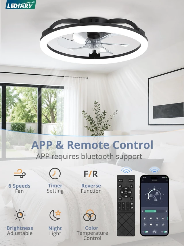 Alt view image 3 of 7 - 23" Ceiling Fans with Lights and Remote for Bedroom, Black Low Profile Fan Light, 3000K-6000K Stepless Dimmable Fandelier, 6 Speed, Reversible DC Motor, APP & Remote Control, Low Noice