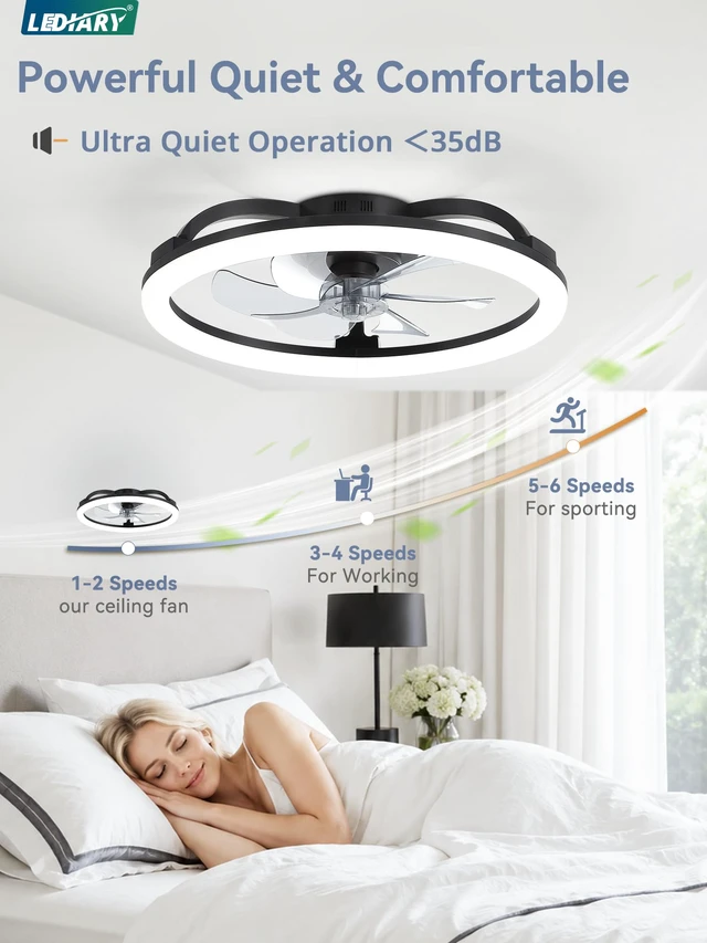 Alt view image 4 of 7 - 23" Ceiling Fans with Lights and Remote for Bedroom, Black Low Profile Fan Light, 3000K-6000K Stepless Dimmable Fandelier, 6 Speed, Reversible DC Motor, APP & Remote Control, Low Noice