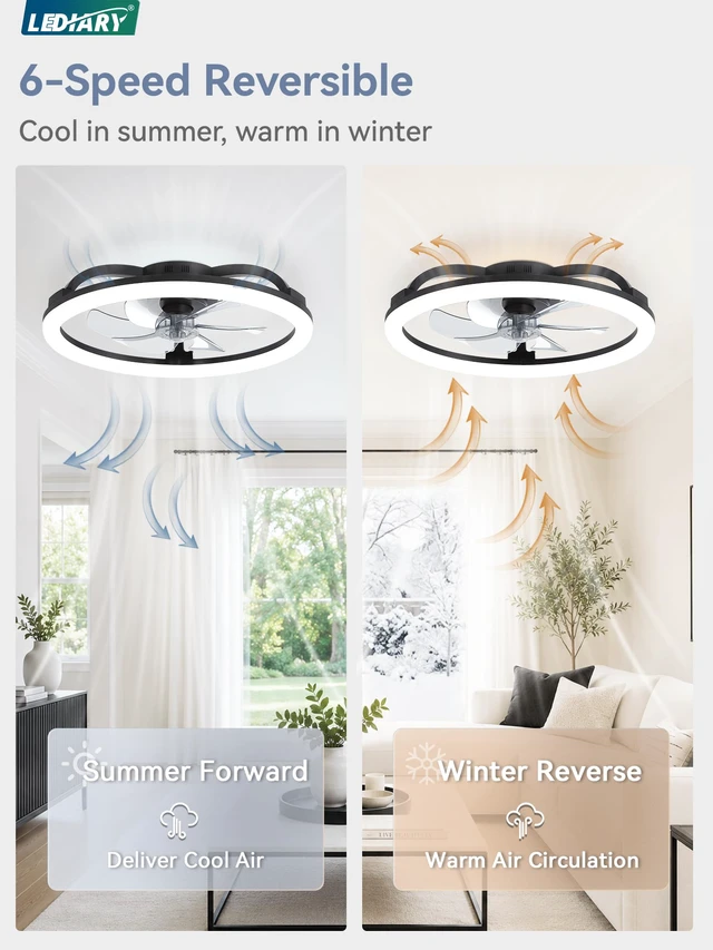 Alt view image 5 of 7 - 23" Ceiling Fans with Lights and Remote for Bedroom, Black Low Profile Fan Light, 3000K-6000K Stepless Dimmable Fandelier, 6 Speed, Reversible DC Motor, APP & Remote Control, Low Noice