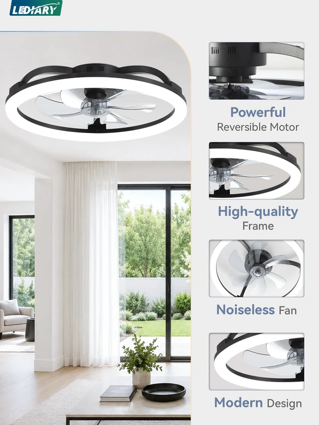 Alt view image 6 of 7 - 23" Ceiling Fans with Lights and Remote for Bedroom, Black Low Profile Fan Light, 3000K-6000K Stepless Dimmable Fandelier, 6 Speed, Reversible DC Motor, APP & Remote Control, Low Noice