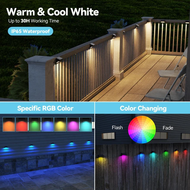 Alt view image 2 of 7 - Solar Fence Lights, Outdoor Waterproof Warm White & Color Glowt, LED, for Backyard, Patio, Deck Railing, Stair Handrail, Pool and Wall (8 Packs)