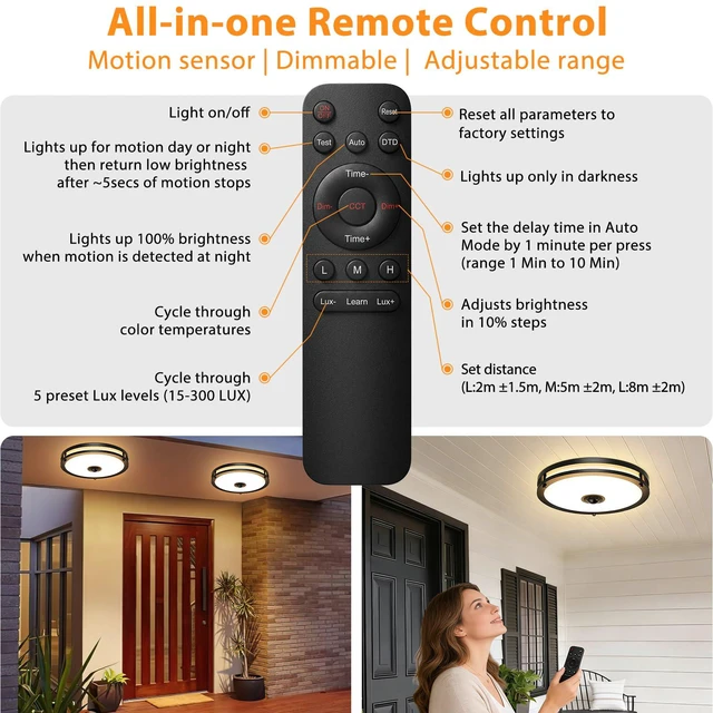 Alt view image 2 of 7 - 2-Pack 12" LED Motion Sensor Outdoor Ceiling Light with Remote Dusk to Dawn, 2700K/3000K/3500K/4000K/5000K Dimmable, 4 Lighting Modes, 24W Flush Mount Ceiling Light for Entryway, Black