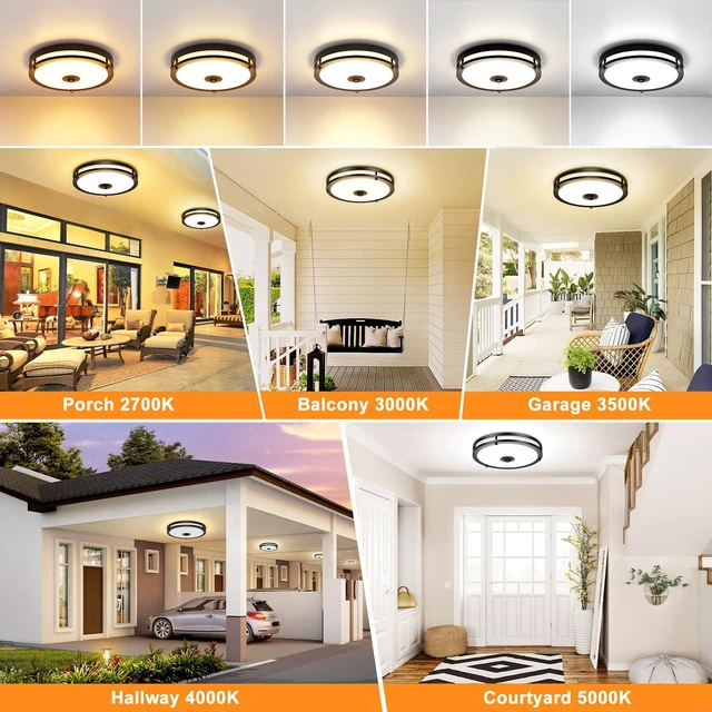 Alt view image 4 of 7 - 2-Pack 12" LED Motion Sensor Outdoor Ceiling Light with Remote Dusk to Dawn, 2700K/3000K/3500K/4000K/5000K Dimmable, 4 Lighting Modes, 24W Flush Mount Ceiling Light for Entryway, Black