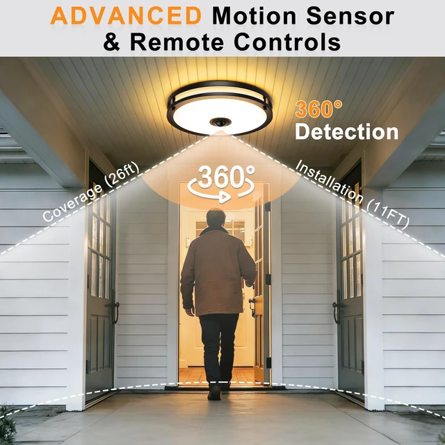 Alt view image 5 of 7 - 2-Pack 12" LED Motion Sensor Outdoor Ceiling Light with Remote Dusk to Dawn, 2700K/3000K/3500K/4000K/5000K Dimmable, 4 Lighting Modes, 24W Flush Mount Ceiling Light for Entryway, Black
